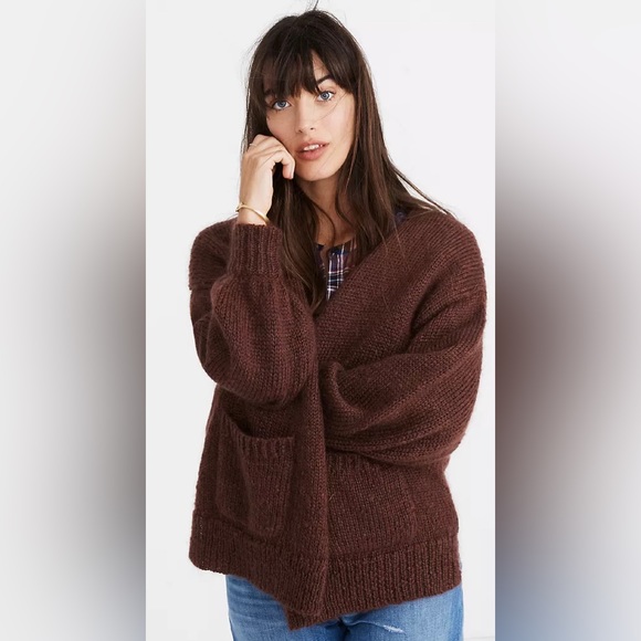 Balloon-Sleeve Cardigan Sweater in Burgundy - Picture 1 of 4